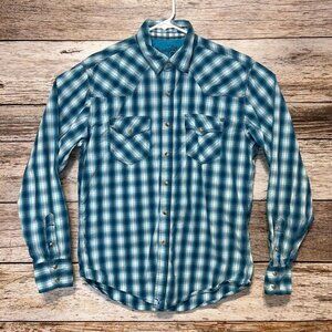 Wrangler 20x Pearl Snap Shirt Mens Size Medium Plaid‎ Blue Western 100% Cotton
